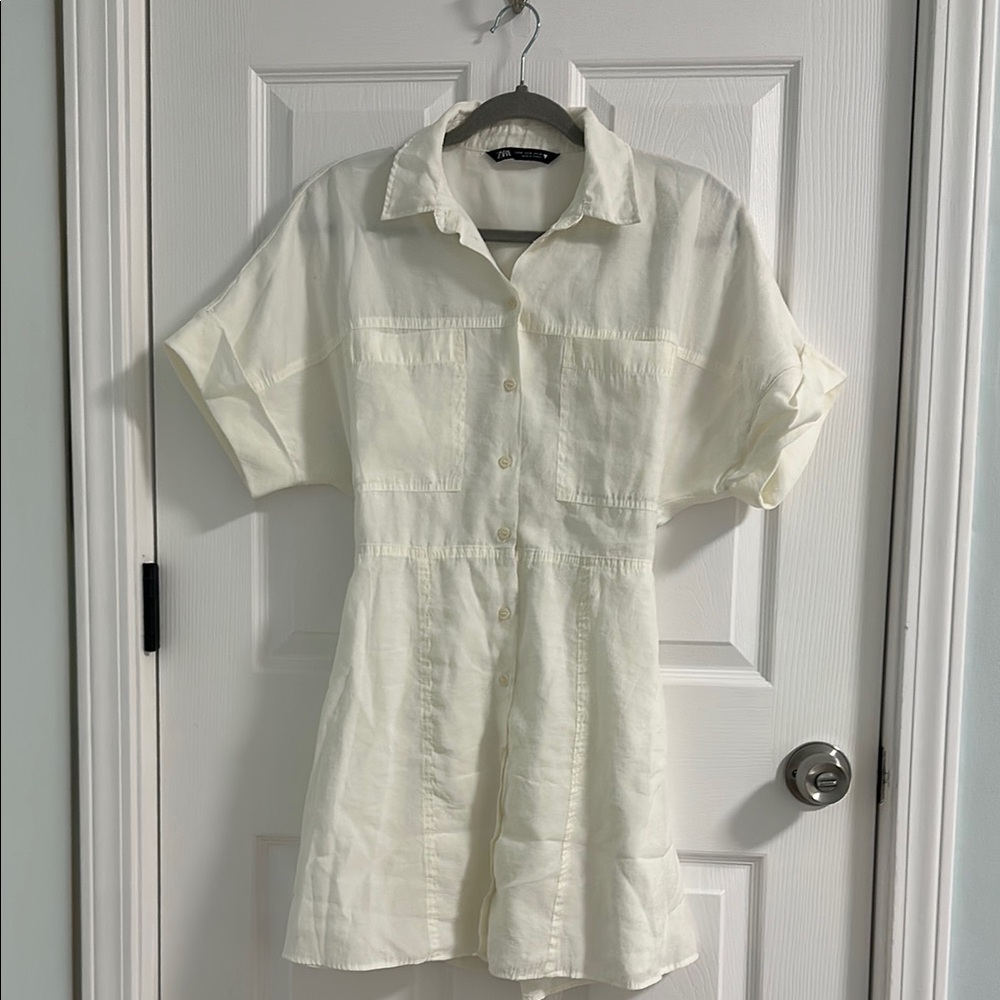 Zara Cream Short Sleeve Polo Collar Mini Dress